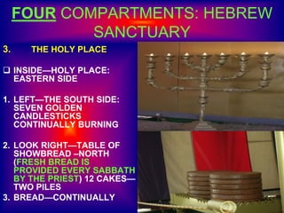 FOUR COMPARTMENTS: HEBREW
SANCTUARY
3. THE HOLY PLACE
 INSIDE—HOLY PLACE:
EASTERN SIDE
1. LEFT—THE SOUTH SIDE:
SEVEN GOLDEN
CANDLESTICKS
CONTINUALLY BURNING
2. LOOK RIGHT—TABLE OF
SHOWBREAD –NORTH
(FRESH BREAD IS
PROVIDED EVERY SABBATH
BY THE PRIEST) 12 CAKES—
TWO PILES
3. BREAD—CONTINUALLY
 