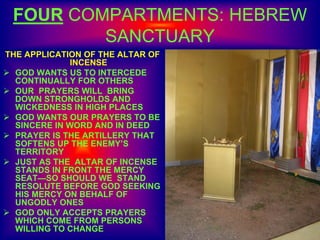 FOUR COMPARTMENTS: HEBREW
SANCTUARY
THE APPLICATION OF THE ALTAR OF
INCENSE
 GOD WANTS US TO INTERCEDE
CONTINUALLY FOR OTHERS
 OUR PRAYERS WILL BRING
DOWN STRONGHOLDS AND
WICKEDNESS IN HIGH PLACES
 GOD WANTS OUR PRAYERS TO BE
SINCERE IN WORD AND IN DEED
 PRAYER IS THE ARTILLERY THAT
SOFTENS UP THE ENEMY’S
TERRITORY
 JUST AS THE ALTAR OF INCENSE
STANDS IN FRONT THE MERCY
SEAT—SO SHOULD WE STAND
RESOLUTE BEFORE GOD SEEKING
HIS MERCY ON BEHALF OF
UNGODLY ONES
 GOD ONLY ACCEPTS PRAYERS
WHICH COME FROM PERSONS
WILLING TO CHANGE
 