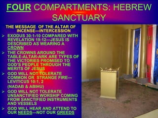 FOUR COMPARTMENTS: HEBREW
SANCTUARY
THE MESSAGE OF THE ALTAR OF
INCENSE—INTERCESSION
 EXODUS 30:1-10 COMPARED WITH
REVELATION 19:12—JESUS IS
DESCRIBED AS WEARING A
CROWN
 THE CROWNS AROUND THE
TABLE-ALTAR-ARK ARE TYPES OF
THE VICTORIES PROMISED TO
GOD’S PEOPLE THROUGH THE
MERITS OF JESUS
 GOD WILL NOT TOLERATE
COMMON OR STRANGE FIRE—
LEVITICUS 10:1, 2
(NADAB & ABIHU)
 GOD WILL NOT TOLERATE
UNSANCTIFIED WORSHIP COMING
FROM SANCTIFIED INSTRUMENTS
AND VESSELS
 GOD WILL HEAR AND ATTEND TO
OUR NEEDS—NOT OUR GREEDS
 