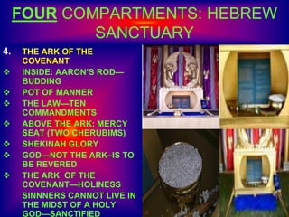 FOUR COMPARTMENTS: HEBREW
SANCTUARY
4. THE ARK OF THE
COVENANT
 INSIDE: AARON’S ROD—
BUDDING
 POT OF MANNER
 THE LAW—TEN
COMMANDMENTS
 ABOVE THE ARK: MERCY
SEAT (TWO CHERUBIMS)
 SHEKINAH GLORY
 GOD—NOT THE ARK–IS TO
BE REVERED
 THE ARK OF THE
COVENANT—HOLINESS
SINNNERS CANNOT LIVE IN
THE MIDST OF A HOLY
GOD—SANCTIFIED
 