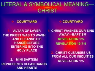 LITERAL & SYMBOLICAL MEANING—
CHRIST
 COURTYARD
1. ALTAR OF LAVER
THE PRIEST WAS TO WASH
AND CLEANSE HIS
HANDS BEFORE
ENTERING INTO THE
HOLY PLACE
2. MINI BAPTISM
REPRESENTS CLEAN HANDS
AND HEARTS
 COURTYARD
1. CHRIST WASHES OUR SINS
AWAY—BAPTISM
REVELATION 1:5
REVELATION 19:7-9
2. CHRIST CLEANSES US
FROM ALL OUR INIQUITIES
REVELATION 1:5
 
