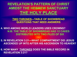 REVELATION’S PATTERN OF CHRIST
AMIDST THE HEBREW SANCTUARY
THE HOLY PLACE
TWO THRONES—TABLE OF SHOWBREAD
QUESTIONS THAT NEED ANSWERS
4. WHO AMONG WORLD LEADERS USES CROWNS?
N:B: THE TABLE OF SHOWBREAD HAD 12 CAKES
DISTRIBUTED INTO TWO PILES OF SIX
5. IN REVELATION 3:21—WHAT COMPARTMENT DID JESUS
ASCENDED UP INTO AFTER HIS ASCENSION TO HEAVEN?
6. HOW MANY THRONES DOES THE BIBLE RECORD IN
REVELATION 3:21?
 