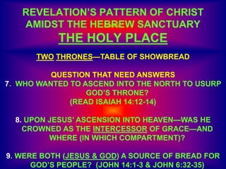 REVELATION’S PATTERN OF CHRIST
AMIDST THE HEBREW SANCTUARY
THE HOLY PLACE
TWO THRONES—TABLE OF SHOWBREAD
QUESTION THAT NEED ANSWERS
7. WHO WANTED TO ASCEND INTO THE NORTH TO USURP
GOD’S THRONE?
(READ ISAIAH 14:12-14)
8. UPON JESUS’ ASCENSION INTO HEAVEN—WAS HE
CROWNED AS THE INTERCESSOR OF GRACE—AND
WHERE (IN WHICH COMPARTMENT)?
9. WERE BOTH (JESUS & GOD) A SOURCE OF BREAD FOR
GOD’S PEOPLE? (JOHN 14:1-3 & JOHN 6:32-35)
 