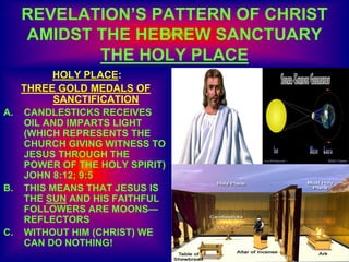REVELATION’S PATTERN OF CHRIST
AMIDST THE HEBREW SANCTUARY
THE HOLY PLACE
HOLY PLACE:
THREE GOLD MEDALS OF
SANCTIFICATION
A. CANDLESTICKS RECEIVES
OIL AND IMPARTS LIGHT
(WHICH REPRESENTS THE
CHURCH GIVING WITNESS TO
JESUS THROUGH THE
POWER OF THE HOLY SPIRIT)
JOHN 8:12; 9:5
B. THIS MEANS THAT JESUS IS
THE SUN AND HIS FAITHFUL
FOLLOWERS ARE MOONS—
REFLECTORS
C. WITHOUT HIM (CHRIST) WE
CAN DO NOTHING!
 