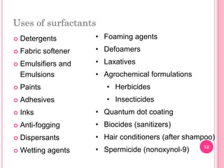 Uses of surfactants
 Detergents
 Fabric softener
 Emulsifiers and
Emulsions
 Paints
 Adhesives
 Inks
 Anti-fogging
 Dispersants
 Wetting agents
• Foaming agents
• Defoamers
• Laxatives
• Agrochemical formulations
• Herbicides
• Insecticides
• Quantum dot coating
• Biocides (sanitizers)
• Hair conditioners (after shampoo)
• Spermicide (nonoxynol-9) 52
 