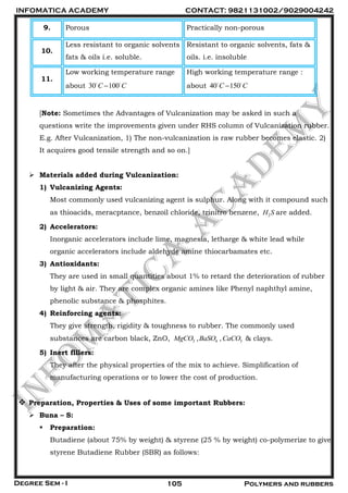 INFOMATICA ACADEMY CONTACT: 9821131002/9029004242
Degree Sem - I 105 Polymers and rubbers
9. Porous Practically non-porous
10.
Less resistant to organic solvents
fats & oils i.e. soluble.
Resistant to organic solvents, fats &
oils. i.e. insoluble
11.
Low working temperature range
about 30 100C C
High working temperature range :
about 40 150C C
[Note: Sometimes the Advantages of Vulcanization may be asked in such a
questions write the improvements given under RHS column of Vulcanization rubber.
E.g. After Vulcanization, 1) The non-vulcanization is raw rubber becomes elastic. 2)
It acquires good tensile strength and so on.]
 Materials added during Vulcanization:
1) Vulcanizing Agents:
Most commonly used vulcanizing agent is sulphur. Along with it compound such
as thioacids, meracptance, benzoil chloride, trinitro benzene, 2H S are added.
2) Accelerators:
Inorganic accelerators include lime, magnesia, letharge & white lead while
organic accelerators include aldehyde amine thiocarbamates etc.
3) Antioxidants:
They are used in small quantities about 1% to retard the deterioration of rubber
by light & air. They are complex organic amines like Phenyl naphthyl amine,
phenolic substance & phosphites.
4) Reinforcing agents:
They give strength, rigidity & toughness to rubber. The commonly used
substances are carbon black, ZnO, 3 4 3, ,MgCO BaSO CaCO & clays.
5) Inert fillers:
They after the physical properties of the mix to achieve. Simplification of
manufacturing operations or to lower the cost of production.
 Preparation, Properties & Uses of some important Rubbers:
 Buna – S:
 Preparation:
Butadiene (about 75% by weight) & styrene (25 % by weight) co-polymerize to give
styrene Butadiene Rubber (SBR) as follows:
 