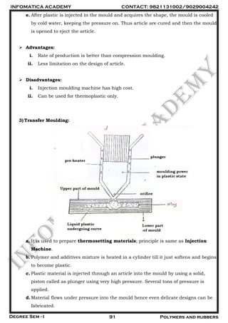 INFOMATICA ACADEMY CONTACT: 9821131002/9029004242
Degree Sem - I 91 Polymers and rubbers
e. After plastic is injected in the mould and acquires the shape, the mould is cooled
by cold water, keeping the pressure on. Thus article are cured and then the mould
is opened to eject the article.
 Advantages:
i. Rate of production is better than compression moulding.
ii. Less limitation on the design of article.
 Disadvantages:
i. Injection moulding machine has high cost.
ii. Can be used for thermoplastic only.
3)Transfer Moulding:
a. It is used to prepare thermosetting materials; principle is same as Injection
Machine.
b. Polymer and additives mixture is heated in a cylinder till it just softens and begins
to become plastic.
c. Plastic material is injected through an article into the mould by using a solid,
piston called as plunger using very high pressure. Several tons of pressure is
applied.
d.Material flows under pressure into the mould hence even delicate designs can be
fabricated.
 