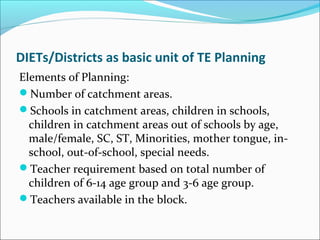 DIETs/Districts as basic unit of TE Planning
Elements of Planning:
Number of catchment areas.
Schools in catchment areas, children in schools,
children in catchment areas out of schools by age,
male/female, SC, ST, Minorities, mother tongue, in-
school, out-of-school, special needs.
Teacher requirement based on total number of
children of 6-14 age group and 3-6 age group.
Teachers available in the block.
 