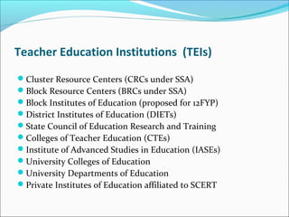 Teacher Education Institutions (TEIs)
Cluster Resource Centers (CRCs under SSA)
Block Resource Centers (BRCs under SSA)
Block Institutes of Education (proposed for 12FYP)
District Institutes of Education (DIETs)
State Council of Education Research and Training
Colleges of Teacher Education (CTEs)
Institute of Advanced Studies in Education (IASEs)
University Colleges of Education
University Departments of Education
Private Institutes of Education affiliated to SCERT
 