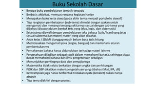 Buku Sekolah Dasar
• Berupa buku pembelajaran tematik terpadu
• Berbasis aktivitas, memuat rencana kegiatan harian
• Merupakan buku kerja siswa [pada akhir tema menjadi portofolio siswa?]
• Tiap rangkaian pembelajaran (sub-tema) dimulai dengan ajakan untuk
mengamati dan menanya tentang sekitarnya sesuai dengan sub-tema yang
dibahas (disusun dalam bentuk teks yang jelas, logis, dan sistematis)
• Selanjutnya diawali dengan pembelajaran teks bahasa [tulis/lisan] yang jelas
sesuai subtema dan materi-materi yang akan dibahas
• Anak kelas I SD/MI dianggap masih belum baca tulis hitung
• Membiasakan mengamati pola [angka, bangun] dan memahami aturan
pembentukannya
• Pemahaman bahasa harus didahulukan terhadap materi lainnya
• Pengetahuan dijadikan sebagai topik dalam memahami bahasa, sehingga siswa
dapat memahami bahasa dan ilmu pengetahuan sekaligus
• Menunjukkan pentingnya data dan penyajiannya
• Matematika tidak selalu berkaitan dengan angka dan perhitungan
• PJOK dan SBP dikaitkan materi pengetahuan yang dibahas (Mat, IPA, dll)
• Keterampilan juga harus berbentuk tindakan nyata (konkret) bukan hanya
abstrak
• Tiap tema diakhiri dengan project
 