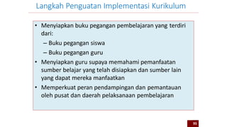 • Menyiapkan buku pegangan pembelajaran yang terdiri
dari:
– Buku pegangan siswa
– Buku pegangan guru
• Menyiapkan guru supaya memahami pemanfaatan
sumber belajar yang telah disiapkan dan sumber lain
yang dapat mereka manfaatkan
• Memperkuat peran pendampingan dan pemantauan
oleh pusat dan daerah pelaksanaan pembelajaran
Langkah Penguatan Implementasi Kurikulum
95
 