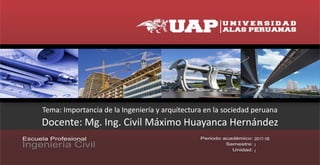 Tema: Importancia de la Ingeniería y arquitectura en la sociedad peruana
2017-1B
I
I
Docente: Mg. Ing. Civil Máximo Huayanca Hernández
 