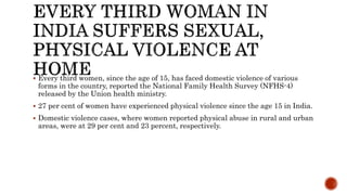  Every third women, since the age of 15, has faced domestic violence of various
forms in the country, reported the National Family Health Survey (NFHS-4)
released by the Union health ministry.
 27 per cent of women have experienced physical violence since the age 15 in India.
 Domestic violence cases, where women reported physical abuse in rural and urban
areas, were at 29 per cent and 23 percent, respectively.
 