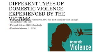  Physical and emotional violence (30.30%) was most commonly seen amongst
victims followed by only
 Physical violence (24.24%) and only
 Emotional violence (21.21%)
 