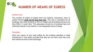 General rule:
The number of means of egress from any balcony, mezzanine, story or
portion thereof shall not be less than two. This rule is mandatory for all
buildings more than 6 story's or 20 m in height and all building having more
than 500𝑚2
in each floor. The staircases should be of enclosed type and
shall lead directly to the exterior or the designated area of refuge.
Exception:
Only one means of exit shall suffice for the building specified in table
(mentioned in next slide) provided that they do not have more than one
floor below the level of exit discharge.
NUMBER OF MEANS OF EGRESS
 