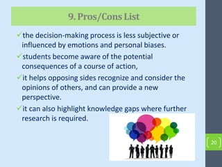 the decision-making process is less subjective or
influenced by emotions and personal biases.
students become aware of the potential
consequences of a course of action,
it helps opposing sides recognize and consider the
opinions of others, and can provide a new
perspective.
it can also highlight knowledge gaps where further
research is required.
9. Pros/ConsList
20
 