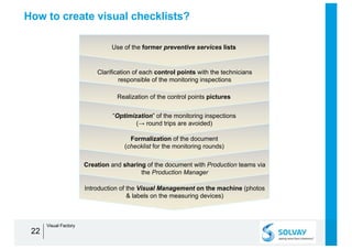How to create visual checklists?
22
Use of the former preventive services lists
“Optimization” of the monitoring inspections
(→ round trips are avoided)
Formalization of the document
(checklist for the monitoring rounds)
Creation and sharing of the document with Production teams via
the Production Manager
Clarification of each control points with the technicians
responsible of the monitoring inspections
Realization of the control points pictures
Introduction of the Visual Management on the machine (photos
& labels on the measuring devices)
Visual Factory
 