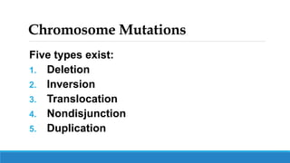 Chromosome Mutations
Five types exist:
1. Deletion
2. Inversion
3. Translocation
4. Nondisjunction
5. Duplication
 