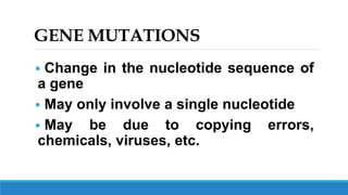 GENE MUTATIONS
 Change in the nucleotide sequence of
a gene
 May only involve a single nucleotide
 May be due to copying errors,
chemicals, viruses, etc.
 