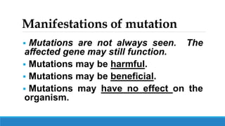 Manifestations of mutation
 Mutations are not always seen. The
affected gene may still function.
 Mutations may be harmful.
 Mutations may be beneficial.
 Mutations may have no effect on the
organism.
 