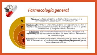 Farmacología general
Absorción: muchas cefalosporinas se absorben fácilmente después de la
administración oral;Otras se pueden administrar vía IM o IV
Distribución: Se distribuyen ampliamente, cruzan la barrera placentaria, penetran en
el LCR (por lo que son útiles en el tratamiento de la meningitis) y se hayan en grandes
concentraciones en los líquidos sinovial y pericárdico.
Metabolismo: No experimentan metabolismo considerable, a excepción de la
cefotaxima que es desacetilada a un metabolito con menos actividad antimicrobiana
del compuesto original.
Excreción: Son excretadas principalmente por el riñón, por lo que deben reducirse las
dosis en pacientes con I.R.; con excepción de la cefpiramida y cefoperazona que son
excretadas a través de la bilis.
A
D
M
E
 