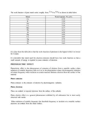 The work function of pure metal varies roughly from V to V as shown in table below
Metal Work Function Wo (eV)
Cs 2.14
K 2.30
Na 2.75
Ca 3.20
Mo 4.17
Pb 4.25
Al 4.28
Hg 4.49
Cu 4.65
Ag 4.70
Ni 5.15
Pt 5.65
It is clear from the table above that the work function of platinum is the highest while it is lowest
for Cesium.
It is desirable that metal used for electron emission should have low work function so that a
small amount of energy is required to cause emission of electrons
PHOTOELECTRIC EFFECT
Photoelctric effect is the phenomenon of emission of electron from a metallic surface when
radiation of suitable frequency falls on it or is the phenomenon where electromagnetic radiation
of certain frequency when incident on certain material liberates electron from the surface of the
material.
Photo emission
Photo emission is the emission of electron by electromagnetic radiation.
Photo electrons
These are emitted or rejected electrons from the surface of the cathode.
Photo electric effect is a general phenomenon exhibited by all substances but is most easily
observed with metals.
When radiation of suitable frequency the threshold frequency is incident on a metallic surface
electrons are emitted from the metal surface.
 