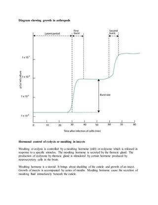Diagram showing growth in arthropods
Hormonal control of ecdysis or moulting in insects
Moulting or ecdysis is controlled by a moulting hormone (mH) or ecdysone which is released in
response to a specific stimulus. The moulting hormone is secreted by the thoracic gland. The
production of ecdysone by thoracic gland is stimulated by certain hormone produced by
neurosecretory cells in the brain.
Moulting hormone is a steroid. It brings about shedding of the cuticle and growth of an insect.
Growth of insects is accompanied by series of mouths. Moulting hormone cause the secretion of
moulting fluid immediately beneath the cuticle.
 