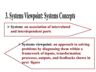  System: an association of interrelated
and interdependent parts
 Systems viewpoint: an approach to solving
problems by diagnosing them within a
framework of inputs, transformation
processes, outputs, and feedbacks shown in
next figure
 