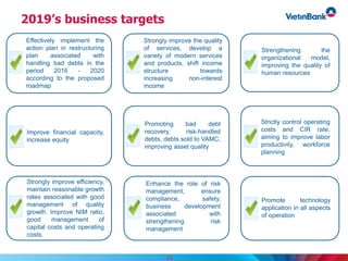 2019’s business targets
Effectively implement the
action plan in restructuring
plan associated with
handling bad debts in the
period 2016 - 2020
according to the proposed
roadmap
Strongly improve the quality
of services, develop a
variety of modern services
and products, shift income
structure towards
increasing non-interest
income
Improve financial capacity,
increase equity
Strengthening the
organizational model,
improving the quality of
human resources
Strictly control operating
costs and CIR rate,
aiming to improve labor
productivity, workforce
planning
Promote technology
application in all aspects
of operation
Strongly improve efficiency,
maintain reasonable growth
rates associated with good
management of quality
growth. Improve NIM ratio,
good management of
capital costs and operating
costs.
Promoting bad debt
recovery, risk-handled
debts, debts sold to VAMC,
improving asset quality
23
Enhance the role of risk
management, ensure
compliance, safety,
business development
associated with
strengthening risk
management
 