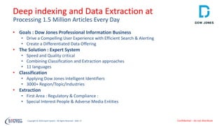 Copyright © 2018 Expert System - All Rights Reserved - Slide 17 Confidential – do not distribute
Deep indexing and Data Extraction at
• Goals : Dow Jones Professional Information Business
• Drive a Compelling User Experience with Efficient Search & Alerting
• Create a Differentiated Data Offering
• The Solution : Expert System
• Speed and Quality critical
• Combining Classification and Extraction approaches
• 11 languages
• Classification
• Applying Dow Jones Intelligent Identifiers
• 3000+ Region/Topic/Industries
• Extraction
• First Area : Regulatory & Compliance :
• Special Interest People & Adverse Media Entities
Processing 1.5 Million Articles Every Day
 
