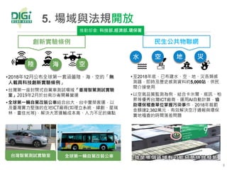 5. 場域與法規開放
8
民生公共物聯網創新實驗條例
水 地 災空
陸 海 空
台灣智駕測試實驗室
推動部會: 科技部.經濟部.環保署
•2018年12月公布全球第一套涵蓋陸、海、空的「無
人載具科技創新實驗條例」
•台灣第一座封閉式自駕車測試場域「臺灣智駕測試實驗
室」2019年2月於台南沙崙開幕營運
•全球第一輛自駕改裝公車結合台大、台中豐榮客運，以
及臺灣實力堅強的在地ICT廠商(如理立系統、緯創、星瑞
林、臺佳光等)，解決大眾運輸成本高、人力不足的痛點
全球第一輛自駕改裝公車
•至2018年底，已布建水、空、地、災各類感
測器，即時及歷史感測資料約5,000站，供民
間介接使用
•以空氣品質監測為例，結合卡米爾、宸訊、柏
昇等優秀台灣ICT廠商，運用AI自動計算，協
助環保稽查單位掌握污染事件，2018年裁罰
金額達2,382萬元，有效解決空汙通報與環保
實地稽查的時間落差問題
 