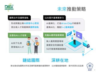 未來推動策略
9
形成跨國企業AI研發中心聚落
使台灣人才與產業與國際接軌
國際合作及國際接軌
AI產業化：打造AI on Chip示範應用
產業AI化：驅動5+2產業創新
以AI提升產業競爭力
使台灣成為國際AI科技及應用產業鏈的重要夥伴 以AI驅動產業創新，提升民眾生活品質
鏈結國際 深耕在地
AI向下扎根
跨領域AI人才
全面性AI人才培育
無人載具實證場域
資通安全防護能量
5G行動寬頻基礎建設
完善AI應用發展環境
 