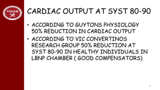CARDIAC OUTPUT AT SYST 80-90
• ACCORDING TO GUYTONS PHYSIOLOGY
50% REDUCTION IN CARDIAC OUTPUT
• ACCORDING TO VIC CONVERTINOS
RESEARCH GROUP 50% REDUCTION AT
SYST 80-90 IN HEALTHY INDIVIDUALS IN
LBNP CHAMBER ( GOOD COMPENSATORS)
19
 