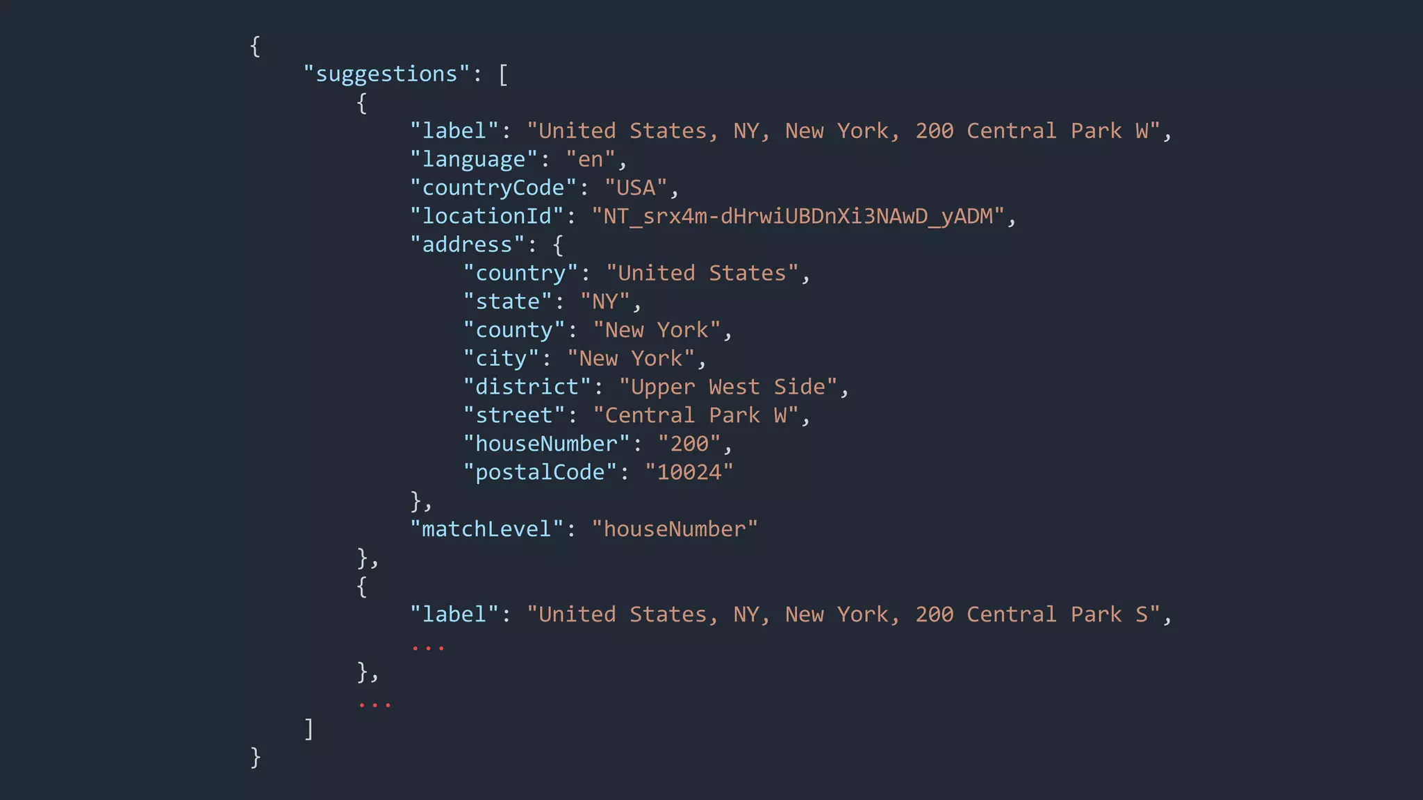 {
"suggestions": [
{
"label": "United States, NY, New York, 200 Central Park W",
"language": "en",
"countryCode": "USA",
"locationId": "NT_srx4m-dHrwiUBDnXi3NAwD_yADM",
"address": {
"country": "United States",
"state": "NY",
"county": "New York",
"city": "New York",
"district": "Upper West Side",
"street": "Central Park W",
"houseNumber": "200",
"postalCode": "10024"
},
"matchLevel": "houseNumber"
},
{
"label": "United States, NY, New York, 200 Central Park S",
...
},
...
]
}
 