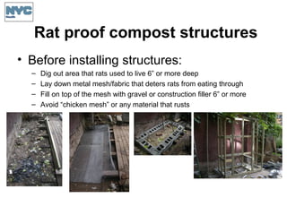 Rat proof compost structures
• Before installing structures:
– Dig out area that rats used to live 6” or more deep
– Lay down metal mesh/fabric that deters rats from eating through
– Fill on top of the mesh with gravel or construction filler 6” or more
– Avoid “chicken mesh” or any material that rusts
 
