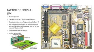 FACTOR DE FORMA
LPX
- Fuera de curso
- Tamaño: 12,9”x8,9" (330 mm x 229 mm).
- Estas placas con tamaño parecido a las Baby-AT.
- Los slots para las tarjetas de expansión no se
encuentran sobre la placa base, sino en un conector
especial (bus vertical)
- Actualmente está en desuso.
- Utiliza la riser card
 