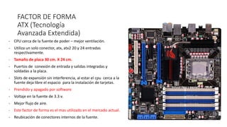 FACTOR DE FORMA
ATX (Tecnología
Avanzada Extendida)
- CPU cerca de la fuente de poder – mejor ventilación.
- Utiliza un solo conector, atx, atx2 20 y 24 entradas
respectivamente.
- Tamaño de placa 30 cm. X 24 cm.
- Puertos de conexión de entrada y salidas integradas y
soldadas a la placa.
- Slots de expansión sin interferencia, al estar el cpu cerca a la
fuente deja libre el espacio para la instalación de tarjetas.
- Prendido y apagado por software
- Voltaje en la fuente de 3.3 v.
- Mejor flujo de aire.
- Este factor de forma es el mas utilizado en el mercado actual.
- Reubicación de conectores internos de la fuente.
 