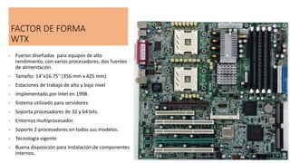 FACTOR DE FORMA
WTX
- Fueron diseñadas para equipos de alto
rendimiento, con varios procesadores, dos fuentes
de alimentación.
- Tamaño: 14"x16.75" (356 mm x 425 mm).
- Estaciones de trabajo de alto y bajo nivel
- Implementado por Intel en 1998.
- Sistema utilizado para servidores
- Soporta procesadores de 32 y 64 bits.
- Entornos multiprocesador.
- Soporte 2 procesadores en todos sus modelos.
- Tecnología vigente
- Buena disposición para instalación de componentes
internos.
 