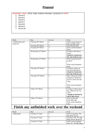 Proposal
4
Interviewees, Name. (2019) Target Audience Interviews (conducted on DATE)
1. Source 4
2. Source 5
3. Source 6
4. Source 7
5. Source 8
6. Source 9
7. Source 10
Week Day Lesson Task
1 (initial plans and
proposal)
Tuesday 26th March 1 Write up pre-proposal
Fill out skills audit
Tuesday 26th March 2 Start Mood board
Tuesday 26th March 3 Write up Development
Diary
Wednesday 27th March 1 Continue with Mood
board.
Should be finished by
the end of this lesson
Wednesday 27th March 2 Write up mood board
analysis
Write up development
diary
Thursday 28th March 1 Continue writing up
mood board analysis.
Should be finished by
the end of this lesson
Thursday 28th March 2 Start writing about Key
influences (characters
and TV shows)for the
video
Write up development
diary
Friday 29th March 1 Continue writing about
key influences for the
video.
Should be finished by
end of this lesson
Friday 29th March 2 Write up the plot
Start mind map
Write up development
diary
Finish any unfinished work over the weekend
Week Day Lesson Task
2 (Research) Tuesday 2nd April 1 Start researching ‘The
Big Bang Theory’
Tuesday 2nd April 2 Continue with ‘The Big
Bang Theory Research
Tuesday 2nd April 3 Write up development
diary for ‘The Big Bang
 