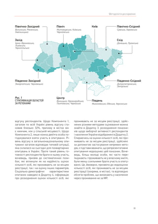 19
Методологія дослідження
відгуку респондентів. Щодо Компонента 1,
загалом по всій Україні рівень відгуку ста-
новив близько 32%, причому в містах він
є нижчим, ніж у сільській місцевості. Щодо
Компонента 2, лише кожна дев’ята особа по-
годжувалася взяти участь в опитуванні. Рі-
вень відгуку в загальнонаціональному опи-
туванні загалом відповідає типовій ситуації,
яка склалася на сьогодні для поквартирних
опитувань в Україні. Проте такий рівень го-
товності респондентів брати в ньому участь,
вочевидь, призвів до систематичних похи-
бок, які вплинули як на надійність оцінок
кількості осіб, які проживають не за місцем
реєстрації, так і на оцінку інших параметрів.
Соціально-демографічні характеристики
опитаних наведені в Додатку 4, інформацію
про розходження оцінок кількості осіб, які
проживають не за місцем реєстрації, здійс-
нених різними методами оцінювання можна
знайти в Додатку 3, розходження показни-
ків щодо виборчої активності респондентів
і населення України відображені в Додатку 2.
Спираючись на оцінки кількості осіб, які про-
живають не за місцем реєстрації, здійснені
за допомогою застосування непрямих мето-
дів, є підстави вважати, що репрезентативне
опитування недооцінює цей показник. Воче-
видь, більш молоді особи, які часто пере-
їжджають і проживають не у власному житлі,
були менш схильними брати участь в опиту-
ванні. Це, ймовірно, призвело до недооцінки
кількості осіб, які проживають не за місцем
реєстрації (зокрема, в містах), та відповідно
обсягів проблем, що виникають у населення
через проживання не за МР.
Схід
Донецька, Луганська
Захід
Івано-Франківська,
Львівська,
Тернопільська
Північ
Житомирська, Київська,
Чернігівська
Центр
Вінницька, Кіровоградська,
Полтавська, Черкаська
Південь
Миколаївська, Одеська, Херсонська
Київ Північно-Східний
Сумська, Харківська
Південно-Східний
Дніпропетровська,
Запорізька
Південно-Західний
Закарпатська, Чернівецька
Північно-Західний
Волинська, Рівненська,
Хмельницька
Рис. 1
СТРАТИФІКАЦІЯ ОБЛАСТЕЙ
ЗА РЕГІОНАМИ
 