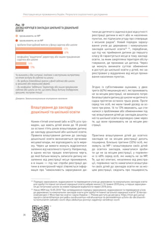 28
Реєстрація місця проживання в Україні. Результати соціологічного дослідження
Влаштування до закладів
дошкільної та шкільної освіти
Кожен п’ятий опитаний (або ж 62% усіх гро-
мадян, що мають дітей віком до 18 років)
за останні п’ять років влаштовував дитину
до закладу дошкільної або шкільної освіти.
Правила влаштування дитини до закладу
дошкільної освіти визначаються органами
місцевої влади, які відповідають за їх мере-
жу. Через це вимоги можуть відрізнятися
залежно від населеного пункту. Наприклад,
в одних містах працює електронна черга,
до якої батьки можуть записати дитину не-
залежно від реєстрації місця проживання,
а в інших — під час спроби реєстрації ди-
тини в електронній черзі з’являється інфор-
мація про “неможливість зарахування ди-
23	
Порядок зарахування, відрахування та переведення учнів до державних та комунальних закладів освіти
для здобуття повної загальної середньої освіти набрав чинності 10 травня 2018 року, а перше зарахуван-
ня до початкової школи за новим порядком відбулося в червні 2018 року.
24	
Наказ МОН від 10.05.2018 “Про затвердження порядку зарахування, відрахування та переведення учнів
до державних та комунальних закладів освіти для здобуття повної загальної середньої освіти” [Електро-
нний ресурс] // Міністерство освіти і науки України — Режим доступу до ресурсу: https://mon.gov.ua/ua/
npa/pro-zatverdzhennya-poryadku-zarahuvannya-vidrahuvannya-ta-perevedennya-uchniv-do-derzhavnih-
ta-komunalnih-zakladiv-osviti-dlya-zdobuttya-povnoyi-zagalnoyi-serednoyi-osviti
тини до дитячого садочка в разі відсутності
реєстрації дитини в місті або ж населених
пунктах, які підписали угоду про співпрацю
з міською радою”. Новий порядок зараху-
вання учнів до державних і комунальних
закладів шкільної освіти23,  24
, передбачає,
що під час приймання дитини до першого
класу їй гарантується місце в тому закладі
освіти, за яким закріплена територія обслу-
говування, де проживає ця дитина. Через
це можуть виникати суттєві обмеження
в доступі до шкільної освіти у дітей, які за-
реєстровані у віддалених від місця прожи-
вання населених пунктах.
Згідно із суб’єктивними оцінками, у двох
третіх (62%) мешканців міст, які проживають
не за місцем реєстрації, не виникало потре-
би влаштувати дитину до школи чи дитячого
садка протягом останніх трьох років. Проте
серед тих осіб, які мали такий досвід за ос-
танні три роки, 16 та 13% вважають, що сти-
калися з проблемами або обмеженнями під
час влаштування дітей до закладів дошкіль-
ної та шкільної освіти відповідно саме через
те, що вони проживають не за місцем реє-
страції.
Практика влаштування дітей до освітніх
закладів не за місцем реєстрації досить
поширена. Близько третини (32%) осіб, які
живуть за МР і влаштовували своїх дітей
до освітніх закладів, намагалися зроби-
ти це не за місцем реєстрації, у порівнян-
ні із 48% серед осіб, які живуть не за МР.
Те, що всі опитані, незалежно від реєстра-
ції, порівняно часто намагалися влаштува-
ти своїх дітей до закладів освіти не за міс-
цем реєстрації, свідчить про поширеність
60%
61%
14%
17%
Рис. 10
ДОСВІД КОРУПЦІЇ В ЗАКЛАДАХ ШКІЛЬНОЇ ТА ДОШКІЛЬНОЇ
ОСВІТИ
Джерело: Загальнонаціональне опитування населення
Чи виникали у Вас ситуації, пов’язані з наступними витратами
на етапі вступу до садочка чи школи:
– Ви зробили благодійний внесок у фонд садочка або школи
(у грошовій або негрошовій формі);
– Ви неофіційно “віддячили” директору або іншим працівникам
садочка або школи за те, що взяли Вашу дитину (подарунком,
грошима, послугою тощо)
зробили благодійний внесок у фонд садочка або школи
неофіційно “віддячили” директору або іншим працівникам
садочка або школи
проживають за МР
проживають не за МР
24
 