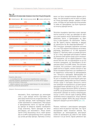 40
Реєстрація місця проживання в Україні. Результати соціологічного дослідження
мешкають. Хоча, відповідно до законодав-
ства, у разі оренди житла підставою для
реєстрації може бути як згода власника, так
і договір оренди, який підтверджує право
особи проживати в помешканні. Реєстрація
в орендованому житлі на підставі догово-
ру оренди не вимагає окремо отримувати
згоду власника. Проте орендарі не вико-
ристовують цієї можливості. Лише кожен
третій (31%) мешканець міста, який прожи-
ває не за МР в орендованому житлі, відповів,
що уклав договір оренди. Причому в опиту-
ванні не була конкретизована форма дого-
вору, тож респонденти могли мати на увазі
не тільки договори оренди, завірені нотарі-
усом, а й будь-які договори між власниками
та ними як орендарями, що були підписані
на початку оренди житла.
Загалом поширена практика в разі оренди
житла полягає в тому, що орендарі не праг-
нуть реєструвати місце проживання в орен-
дованому житлі, а орендодавці не праг-
нуть їх реєструвати. На запитання: “Уявіть,
що Ви здаєте власну квартиру в оренду,
чи прописали би Ви квартиронаймачів?” —
95% опитаних громадян відповіли негатив-
но, з них 79% надали категорично негативну
відповідь “безумовно ні” та 16% відповіли
“радше ні”. Причому навіть за умови доплати
за це з боку орендаря респонденти майже
не змінили своєї думки щодо цього питання:
93% відповіли, що не зареєстрували б. Від-
мінностей між тим, як відповідали на це за-
питання громадяни, які проживають за міс-
цем реєстрації і не за МР, немає. Тож загалом
ситуацію, яка склалася з реєстрацією орен-
дарів житла в Україні, можна описати в тер-
мінах поширеної практики, що сприймається
як нормальна і влаштовує як орендодавців,
так і більшість орендарів. Орендодавці ке-
руються загальною практикою, проте, якби
їм усе ж потрібно було розглядати реєстра-
цію орендарів, перед ними постало б чимало
питань щодо її наслідків. Більшість опита-
них громадян погоджуються, що реєстрація
орендарів може призвести до того, що їх по-
тім буде складно виселити (87%) чи виписа-
ти (87%), що це може вплинути на отримання
власником субсидії на оплату комунальних
послуг у житлі, яке він здає в оренду (85%),
проблеми можуть виникнути, якщо оренда-
рі візьмуть кредит (82%) або якщо власник
вирішить продати це житло (82%) (рис. 23).
Ризики, пов’язані з реєстрацією орендарів,
можуть мати як реальні підстави, так і бути
вигаданими через незнання законів. Так,
відповідно до законодавства, реєстрація
особи не призводить до набуття нею права
власності на це житло. Однак уявлення про
Рис. 23
УЯВЛЕННЯ ПРО МОЖЛИВІ РИЗИКИ В РАЗІ РЕЄСТРАЦІЇ ОРЕНДАРІВ
Джерело: Загальнонаціональне опитування населення
Скажіть, будь ласка:
– чи погоджуєтеся Ви з наступним твердженням: я живу не у
власному (зокрема, орендованому) житлі, не хотів(-ла) би порушу-
вати це питання з власником;
– оберіть варіант, який найкраще характеризує те, кому належить
житло, у якому Ви проживаєте
орендарі можуть претендувати на власність або частину
власності на житло
власнику може бути складно виписати орендарів
80% 7%
87%
13%
8% 5%
87% 8% 5%
власнику може бути складно виселити орендарів
82% 9% 9%
82% 9% 9%
у власника можуть виникнути проблеми, якщо орендарі візьмуть
кредит
у власника можуть виникнути проблеми з продажем цього житла
81% 10% 9%
орендарі можуть відмовитися платити за проживання
76% 11% 13%
до власника можуть прийти з податкової
85% 6% 9%
власник може втратити або не отримати субсидію
такий ризик є такого ризику немає важко відповісти
 