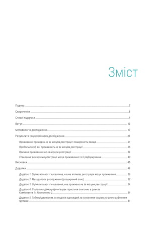Подяка............................................................................................................................................7
Скорочення.....................................................................................................................................8
Стислі підсумки..............................................................................................................................9
Вступ.............................................................................................................................................13
Методологія дослідження............................................................................................................17
Результати соціологічного дослідження.....................................................................................21
Проживання громадян не за місцем реєстрації: поширеність явища............................................. 21
Проблеми осіб, які проживають не за місцем реєстрації................................................................ 25
Причини проживання не за місцем реєстрації................................................................................ 36
Ставлення до системи реєстрації місця проживання та її реформування...................................... 43
Висновки.......................................................................................................................................45
Додатки........................................................................................................................................49
Додаток 1. Оцінка кількості населення, на яке впливає реєстрація місця проживання................. 50
Додаток 2. Методологія дослідження (розширений опис).............................................................. 52
Додаток 3. Оцінка кількості населення, яке проживає не за місцем реєстрації............................. 56
Додаток 4. Соціально-демографічні характеристики опитаних в рамках
Компонента 1 і Компонента 2........................................................................................................... 59
Додаток 5. Таблиці двомірних розподілів відповідей за основними соціально-демографічними
групами............................................................................................................................................. 61
Зміст
 