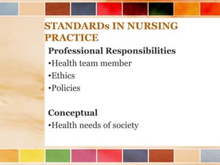 STANDARDs IN NURSING
PRACTICE
Professional Responsibilities
•Health team member
•Ethics
•Policies
Conceptual
•Health needs of society
 