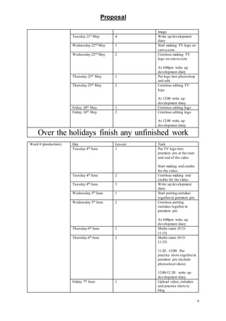 Proposal
9
image
Tuesday 21st May 4 Write up development
diary
Wednesday 22nd May 1 Start making TV logo on
canva.com
Wednesday 22nd May 2 Continue making TV
logo on canva.com
At 4:00pm write up
development diary
Thursday 23rd May 1 Put logo into photoshop
and edit
Thursday 23rd May 2 Continue editing TV
logo
At 12:00 write up
development diary
Friday 24th May 1 Continue editing logo
Friday 24th May 2 Continue editing logo
At 12:00 write up
development diary
Over the holidays finish any unfinished work
Week 8 (production) Day Lesson Task
Tuesday 4th June 1 Put TV logo into
premiere pro at the start
and end of the video
Start making end credits
for the video
Tuesday 4th June 2 Continue making end
credits for the video
Tuesday 4th June 3 Write up development
diary
Wednesday 5th June 1 Start putting outtakes
togetherin premiere pro
Wednesday 5th June 2 Continue putting
outtakes togetherin
premiere pro
At 4:00pm write up
development diary
Thursday 6th June 1 Maths exam (9:15-
11:15)
Thursday 6th June 2 Maths exam (9:15-
11:15)
11:20 -12:00: Put
practice shots togetherin
premiere pro (include
photoshoot shots)
12:00-12:20: write up
development diary
Friday 7th June 1 Upload video, outtakes
and practice shots to
blog
 