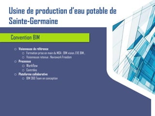 Convention BIM
o Visionneuse de référence
o Formation prise en main du MOA : BIM vision, EVE BIM…
o Visionneuse retenue : Naviswork Freedom
o Processus
o Workflow
o Contrôles
o Plateforme collaborative
o BIM 360 Team en conception
Usine de production d’eau potable de
Sainte-Germaine
 