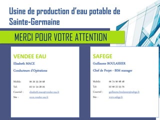 MERCI POUR VOTRE ATTENTION
SAFEGE
Guillaume BOULASSIER
Chef de Projet - BIM manager
Mobile: 06 74 90 98 48
Tel: 02 90 22 53 76
Courriel : guillaume.boulassier@safege.fr
Site : www.safege.fr
Usine de production d’eau potable de
Sainte-Germaine
VENDEE EAU
Elisabeth MACE
Conducteure d’Opérations
Mobile: 06 26 55 39 68
Tel: 02 51 24 28 05
Courriel : elisabeth.mace@vendee-eau.fr
Site : www.vendee-eau.fr
 