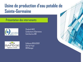 Présentation des intervenants
Elisabeth MACE
Conducteure d’Opérations
Contributrice BIM
Guillaume BOULASSIER
Chef de Projet
BIM Manager
Usine de production d’eau potable de
Sainte-Germaine
 