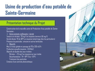 Présentation technique du Projet
Construction de la nouvelle usine de Production d’eau potable de Sainte-
Germaine :
o Usine existante vieillissante + dureté
Teneurs en nitrates : 70 mg/l en moyenne (norme à 50 mg/l)
Dureté élevée: TH de 36°F en moyenne (entartrage chez les particuliers)
Présence de pesticides : atrazine et autres herbicides
o Objectifs
Mise à niveau globale et passage de 170 à 250 m3/h
Production annuelle moyenne : 1,33 Mm3
Objectifs de Qualité des eaux traitées:
Nitrates : < 25 mg/l en moyenne sur eau traitée
Décarbonatation : TH < 19°F (Tca < 15°F)
Traitement des pesticides
Création d’une centrale photovoltaïque
Usine de production d’eau potable de
Sainte-Germaine
 