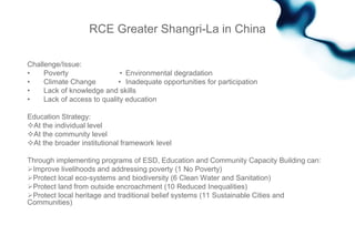 RCE Greater Shangri-La in China
Challenge/Issue:
• Poverty • Environmental degradation
• Climate Change • Inadequate opportunities for participation
• Lack of knowledge and skills
• Lack of access to quality education
Education Strategy:
At the individual level
At the community level
At the broader institutional framework level
Through implementing programs of ESD, Education and Community Capacity Building can:
Improve livelihoods and addressing poverty (1 No Poverty)
Protect local eco-systems and biodiversity (6 Clean Water and Sanitation)
Protect land from outside encroachment (10 Reduced Inequalities)
Protect local heritage and traditional belief systems (11 Sustainable Cities and
Communities)
 
